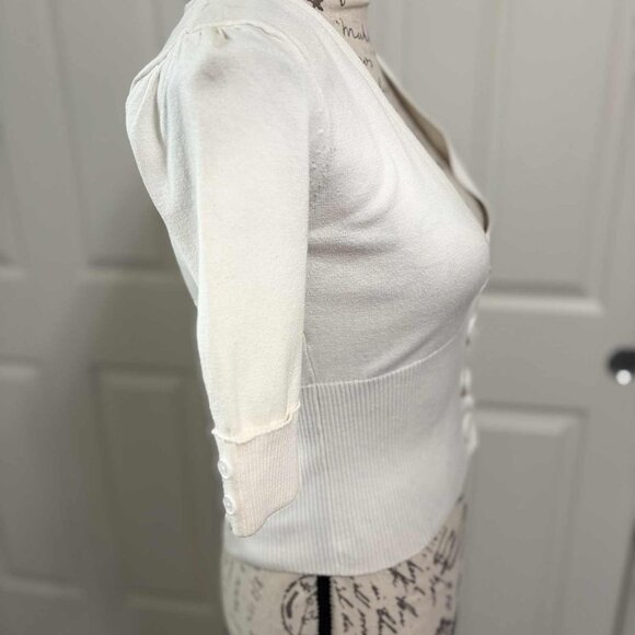 Gently Worn Women's White Half Sweater with Buttons & Cuffed Sleeves - Picture 3 of 5